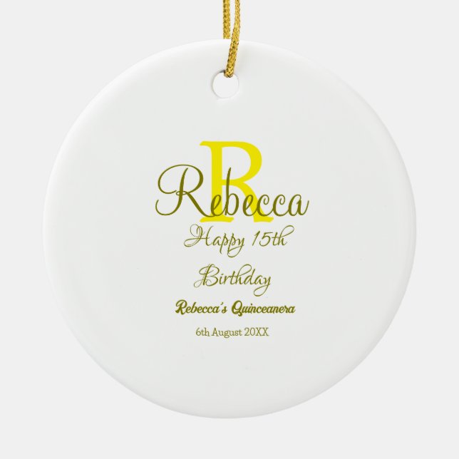 Ornamento De Cerâmica 15 Feliz Aniversário Amarelo Apelido Monograma Mod (Frente)