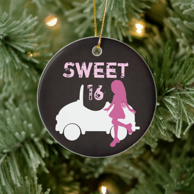 Ornamento De Cerâmica 16 Menina e Carro Personalizados, Natal Rosa (Árvore)