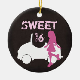 Ornamento De Cerâmica 16 Menina e Carro Personalizados, Natal Rosa