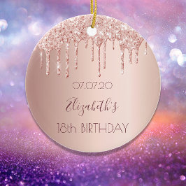 Ornamento De Cerâmica 18º aniversário rosa dourado pingos de brilho