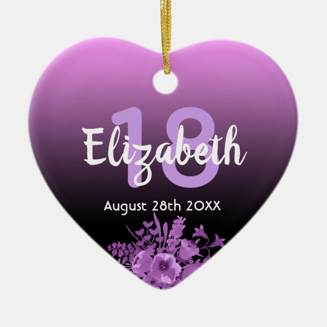 Ornamento De Cerâmica 18.º aniversário nome floral roxo preto (Frente)