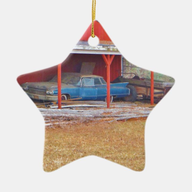 Ornamento De Cerâmica 1960 carro antigo com dispositivo de fita AZUL (Frente)