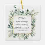 Ornamento De Cerâmica 1 Corinthians 13:7-8 Natal do inverno<br><div class="desc">Escritura Inspirativa O ornamento personalizado de Natal descreve um elegante verde-aquarela com pinho, eucalipto, bagas azuis e vergreens em torno de um quadro de ouro. Se apresentar a Bíblia Verse 1 Corinthians 13:7-8, "AMOR... espera todas as coisas, suporta todas as coisas, o amor nunca falha." O verso tem uma citação...</div>