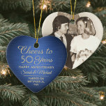 Ornamento De Cerâmica 1 Foto QUALQUER Aniversário Alegra Coração Azul e<br><div class="desc">Feliz Aniversário! Comemore qualquer aniversário de casamento com um personalizado ornamento cerâmico em forma de coração, azul e dourado. Imagem, número de anos, nomes de casais e data de casamento neste modelo são todos simples de personalizar. Design apresenta um fundo metálico piscado azul marinho, tipografia do estilo vintage art deco,...</div>
