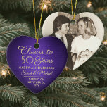 Ornamento De Cerâmica 1 Foto QUALQUER Aniversário Alegra Coração Púrpura<br><div class="desc">Feliz Aniversário! Comemore qualquer aniversário de casamento com uma foto personalizada de roxo e ornamento de cerâmica em forma de coração. Imagem, número de anos, nomes de casais e data de casamento neste modelo são todos simples de personalizar. Design apresenta um fundo metálico roxo e esfregado, tipografia do estilo vintage...</div>