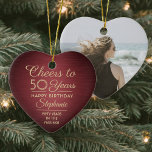 Ornamento De Cerâmica 1 Foto: Qualquer Aniversário Borderado Borgonha e<br><div class="desc">Feliz Aniversário! Comemore um aniversário alegre de um marco com uma foto personalizada de um coração em forma de burgundy e um ornamento de cerâmica dourada. Toda a redação desta modelo (incluindo "Saúde até 50 Anos") é estabelecida para o quinquagésimo aniversário, mas é simples de personalizar para qualquer ano ou...</div>