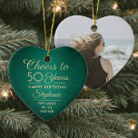 Ornamento De Cerâmica 1 Foto QUALQUER Aniversário Bruto Coração Verde e<br><div class="desc">Feliz Aniversário! Celebre um aniversário alegre de um marco com um personalizado ornamento de cerâmica verde e dourada em forma de fotocoração. Toda a redação desta modelo (incluindo "Saúde até 50 Anos") é estabelecida para o quinquagésimo aniversário, mas é simples de personalizar para qualquer ano ou tipo de evento. Design...</div>