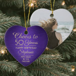 Ornamento De Cerâmica 1 Foto Qualquer Aniversário Bruto Roxo e Dourado C<br><div class="desc">Feliz Aniversário! Comemore um aniversário alegre de um marco com uma foto personalizada de um ornamento de cerâmica roxo e dourada. Toda a redação desta modelo (incluindo "Saúde até 50 Anos") é estabelecida para o quinquagésimo aniversário, mas é simples de personalizar para qualquer ano ou tipo de evento. Design apresenta...</div>