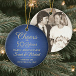 Ornamento De Cerâmica 1 Foto QUALQUER Aniversário Cheio Azul e Dourado<br><div class="desc">Feliz Aniversário! Comemore qualquer aniversário de casamento com um personalizado ornamento cerâmico azul e dourado. Imagem, número de anos, nomes de casais e data de casamento neste modelo são todos simples de personalizar. Design apresenta um fundo metálico piscado azul marinho, tipografia do estilo vintage art deco, caligrafia elegante de script...</div>