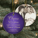 Ornamento De Cerâmica 1 Foto QUALQUER Aniversário Cheio Roxo Dourado<br><div class="desc">Feliz Aniversário! Comemore qualquer aniversário de casamento com um roxo fotográfico personalizado e um ornamento cerâmico redondo de ouro. Imagem, número de anos, nomes de casais e data de casamento neste modelo são todos simples de personalizar. Design apresenta um fundo metálico roxo e esfregado, tipografia do estilo vintage art deco,...</div>