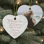 Ornamento De Cerâmica 1 Foto Qualquer Coração Magrinha Branca Cor-de-Ros<br><div class="desc">Feliz Aniversário! Celebre um feliz aniversário de um marco para ela com uma foto personalizada de um ornamento cerâmico de mármore falso em forma de coração. Toda a redação desta modelo (incluindo "Saúde até 50 Anos") é estabelecida para o quinquagésimo aniversário, mas é simples de personalizar para qualquer ano ou...</div>