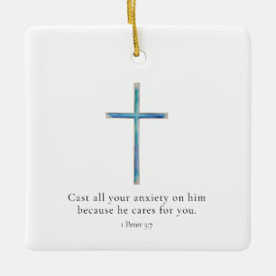 Ornamento De Cerâmica 1 Pedro 5:7 Cruz Minimalista