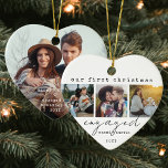Ornamento De Cerâmica 1rua de Natal com 4 Fotografias Mínimas Únicas<br><div class="desc">Celebre o alegre feriado de 1rua do seu noivado com uma colagem personalizada de 4 fotos "Nosso Primeiro Natal Engajado", ornamento cerâmico em forma de coração. Todas as redações e imagens neste modelo são simples de personalizar. (DICA DE IMAGEM: Uma maneira fácil de posicionar uma imagem exatamente como você deseja...</div>