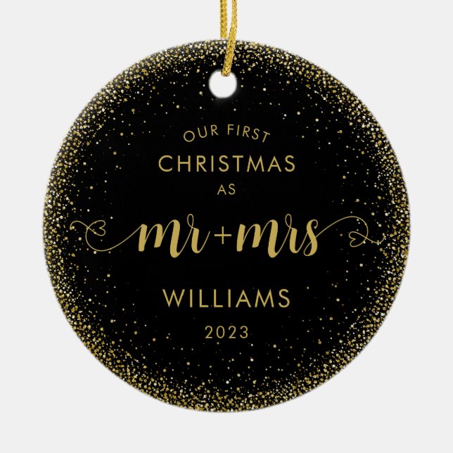 Ornamento De Cerâmica 1rua de Natal Sr. e Sra. Dourada Glitter Wreath Fo (Frente)