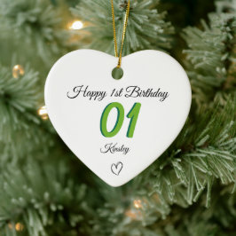 Ornamento De Cerâmica 1st Birthday green Shadow Monogram heart baby