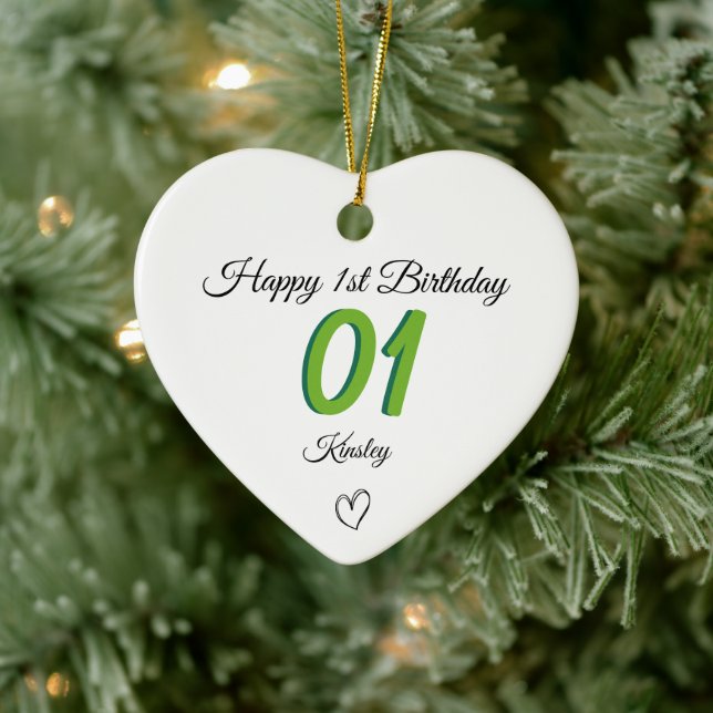 Ornamento De Cerâmica 1st Birthday green Shadow Monogram heart baby (Árvore)
