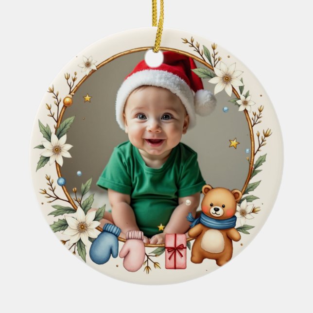 Ornamento De Cerâmica 1st Christmas 2 sided Poinsettia Snuggles (Frente)