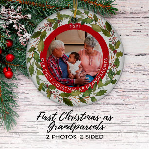 Ornamento De Cerâmica 1st Christmas as Grandparents 2-Photo Wreath