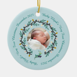 Ornamento De Cerâmica 1st Christmas Deer with Wreath Teal2