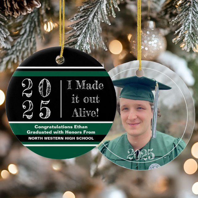 Ornamento De Cerâmica 2025 Green and Black Photo Graduation (2025 Green and Black Photo Graduation Ceramic Ornament)