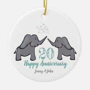 Ornamento De Cerâmica 20th green & white elephant wedding anniversary