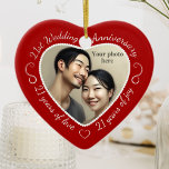 Ornamento De Cerâmica 21 Foto de Aniversário de Casamento de ruas<br><div class="desc">Celebrar um ano feliz de 21ruas com um ornamento de fotos personalizado em um delicioso quadro de forma cardíaca. Basta carregar sua própria foto do casal casado e ela aparecerá no recorte. O fundo vermelho apresenta uma fonte branca e decorações. As palavras são: 21ruas de Aniversário de Casamento - 21...</div>