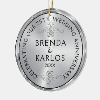Ornamento De Cerâmica 25 aniversário de casamento prata e diamantes bran