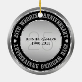 Ornamento De Cerâmica 25 Casamento Aniversário Silver Metálico e Preto