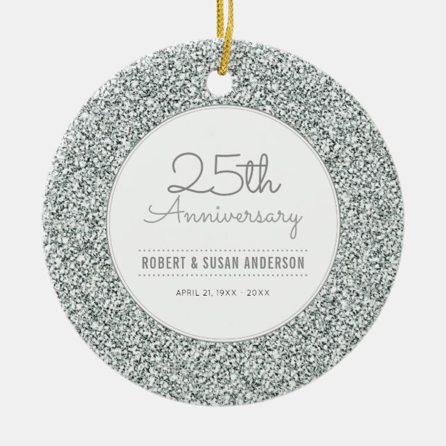 Ornamento De Cerâmica 25 de Aniversário Keepsasaem Faux Silver Glitter (Frente)