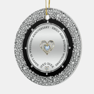 Ornamento De Cerâmica 25th Wedding Anniversary Silver & Diamonds