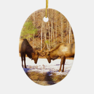 Ornamento De Cerâmica 2~ 2 Bull Elk na neve