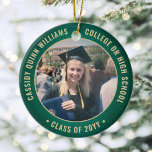 Ornamento De Cerâmica 2 Elegante de Graduação de Fotos Bruto Verde e Dou<br><div class="desc">Comemore o feito do formando com um elegante Enfeites de natal de graduação em verde e ouro, com duas fotos redondas. As imagens e todo o texto são simples de personalizar e podem ser diferentes na frente e no verso. (DICAS DE IMAGEM e DESIGN DE TEXTO: 1) Para ajustar a...</div>