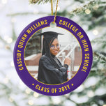 Ornamento De Cerâmica 2 Formatação Fotográfica Elegante Púrpura Dourada<br><div class="desc">Comemore o feito do formando com um elegante Enfeites de natal púrpura e amarelo-ouro, dois fotoredondos de graduação. As imagens e todo o texto são simples de personalizar e podem ser diferentes na frente e no verso.(DICA IMAGEM e DESIGN DE TEXTO: 1) Para ajustar a posição da redação, adicione espaços...</div>