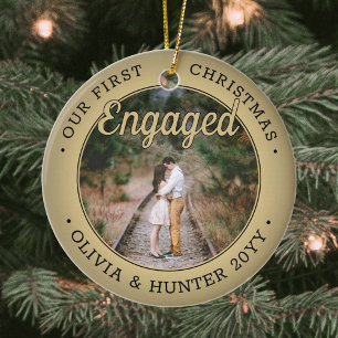 Ornamento De Cerâmica 2 Foto de nosso primeiro Natal em preto e Dourado