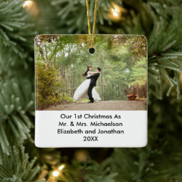 Ornamento De Cerâmica 2 Foto do primeiro Natal recém-casado