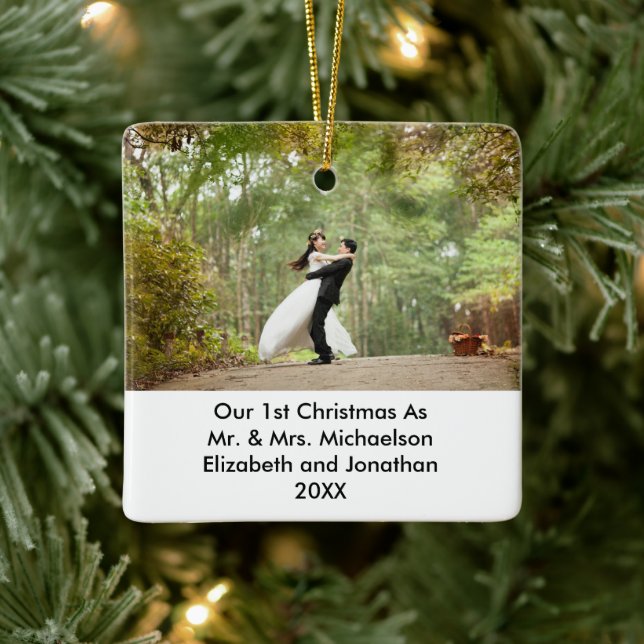 Ornamento De Cerâmica 2 Foto do primeiro Natal recém-casado (Árvore)