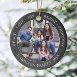 Ornamento De Cerâmica 2 Foto: Joy Joy Merry Xmas Faux Chalkboard<br><div class="desc">Comemore as simples alegrias das festas com um personalizado ornamento cerâmico redondo de quadro fotográfico com dois falsos. Todos os textos e imagens neste modelo são simples de personalizar e podem ser diferentes ou iguais em frente e atrás. Se preferido, mude "Paz Amor, Alegria Feliz Natal" para qualquer citação ou...</div>