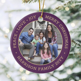 Ornamento De Cerâmica 2 Foto Paz Amor Alegria Feliz Natal Roxo Dourado