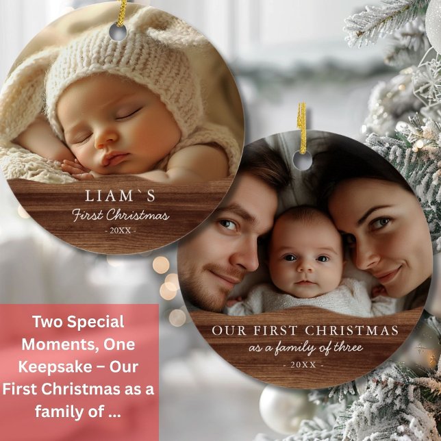 Ornamento De Cerâmica 2 Foto: Primeiro Natal do Bebê - Madeira Rústica (2 Photo´s Baby's First Christmas - Rustic Wood Ceramic Ornament)