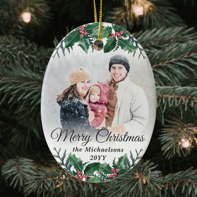 Ornamento De Cerâmica 2 Fotos Elegante Folhagem de Azevinho Feliz Natal (Criador carregado)