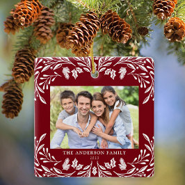 Ornamento De Cerâmica 2 Fotos Família Winter Greenery Red Natal