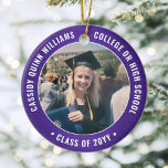 Ornamento De Cerâmica 2 Graduação de Foto Elegante Moderno Roxo e Branco<br><div class="desc">Comemore a conquista do formando com um elegante Enfeites de natal de graduação roxo e branco com dois personagens de fotografia redonda. As imagens e todo o texto são simples de personalizar e podem ser diferentes na frente e no verso. (DICAS DE IMAGEM e DESIGN DE TEXTO: 1) Para ajustar...</div>