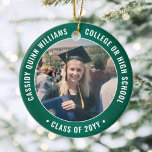 Ornamento De Cerâmica 2 Graduação de Foto Elegante Verde e Branco Modern<br><div class="desc">Comemore a conquista do formando com um elegante Enfeites de natal verde e branco de graduação em duas rodadas de fotos. As imagens e todo o texto são simples de personalizar e podem ser diferentes na frente e no verso. (DICAS DE IMAGEM e DESIGN DE TEXTO: 1) Para ajustar a...</div>