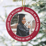 Ornamento De Cerâmica 2 Graduação de Foto Elegante Vermelho e Branco Mod<br><div class="desc">Comemore a conquista do formando com um elegante Enfeites de natal vermelho e branco de graduação em duas rodadas de fotos. As imagens e todo o texto são simples de personalizar e podem ser diferentes na frente e no verso. (DICAS DE IMAGEM e DESIGN DE TEXTO: 1) Para ajustar a...</div>