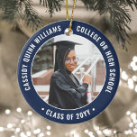 Ornamento De Cerâmica 2 Graduação de Fotografias Elegante Marinho Modern<br><div class="desc">Comemore a conquista do formando com um marinho elegante, personalizado azul e branco, com dois Enfeites de natal de graduação em fotoround. As imagens e todo o texto são simples de personalizar e podem ser diferentes na frente e no verso. (DICAS DE IMAGEM e DESIGN DE TEXTO: 1) Para ajustar...</div>