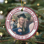 Ornamento De Cerâmica 2 Graduação de Fotografias Legant Modern Red Black<br><div class="desc">Comemore a conquista do formando com um elegante Enfeites de natal de graduação vermelho, preto e branco, com duas rodadas de fotos. As imagens e todo o texto são simples de personalizar e podem ser diferentes na frente e no verso. (DICAS DE IMAGEM e DESIGN DE TEXTO: 1) Para ajustar...</div>