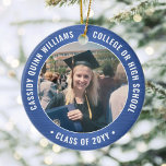 Ornamento De Cerâmica 2 Graduação de Fotos Brutos Real Azul e Branco<br><div class="desc">Comemore a conquista do formando com um elegante Enfeites de natal de graduação azul e branco, com duas fotos redondas. As imagens e todo o texto são simples de personalizar e podem ser diferentes na frente e no verso. (DICAS DE IMAGEM e DESIGN DE TEXTO: 1) Para ajustar a posição...</div>