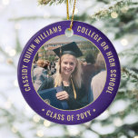 Ornamento De Cerâmica 2 Graduação de Fotos Elegante Bruto Roxo e Dourado<br><div class="desc">Comemore o feito do formando com um elegante roxo e um Enfeites de natal de graduação em duas rodadas de fotos. As imagens e todo o texto são simples de personalizar e podem ser diferentes na frente e no verso. (DICAS DE IMAGEM e DESIGN DE TEXTO: 1) Para ajustar a...</div>