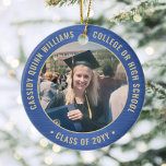 Ornamento De Cerâmica 2 Graduação Fotográfica Elegante Brugado Real Azul<br><div class="desc">Comemore a conquista do formando com um elegante Enfeites de natal de graduação azul e dourado, com duas fotos redondas. As imagens e todo o texto são simples de personalizar e podem ser diferentes na frente e no verso. (DICAS DE IMAGEM e DESIGN DE TEXTO: 1) Para ajustar a posição...</div>