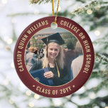 Ornamento De Cerâmica 2 Graduação Fotográfica Elegante Brushing Burgundy<br><div class="desc">Comemore a conquista do formando com um elegante burgundy e um Enfeites de natal dourado de graduação em fotoround. As imagens e todo o texto são simples de personalizar e podem ser diferentes na frente e no verso. (DICAS DE IMAGEM e DESIGN DE TEXTO: 1) Para ajustar a posição do...</div>
